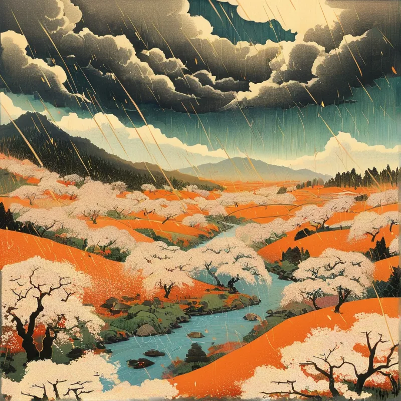 A landscape featuring white cherry trees and orange hills beside a winding river while heavy rain falls from dark clouds.