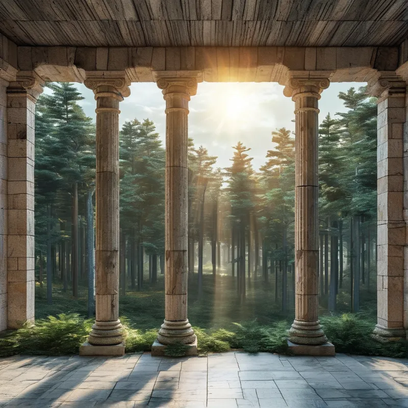 Ancient stone columns frame a view of a dense forest where bright sunbeams cut through the tall pine trees.