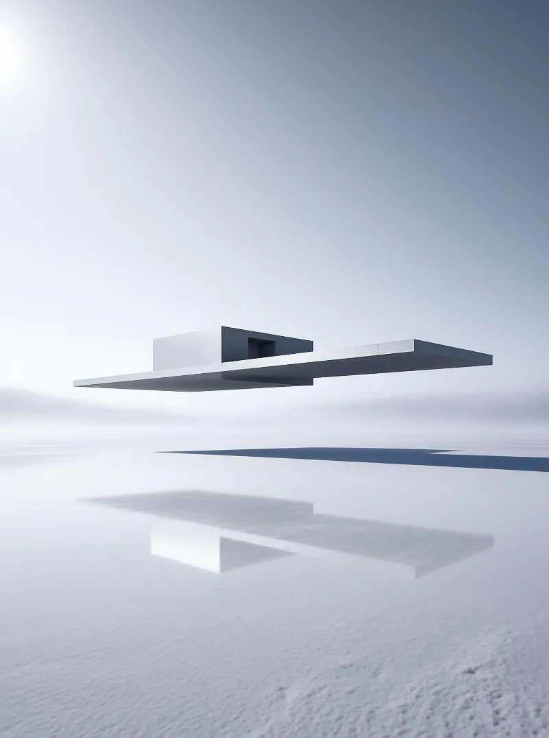 A minimalist geometric building hovers above a vast bright reflective surface under a pale sky.