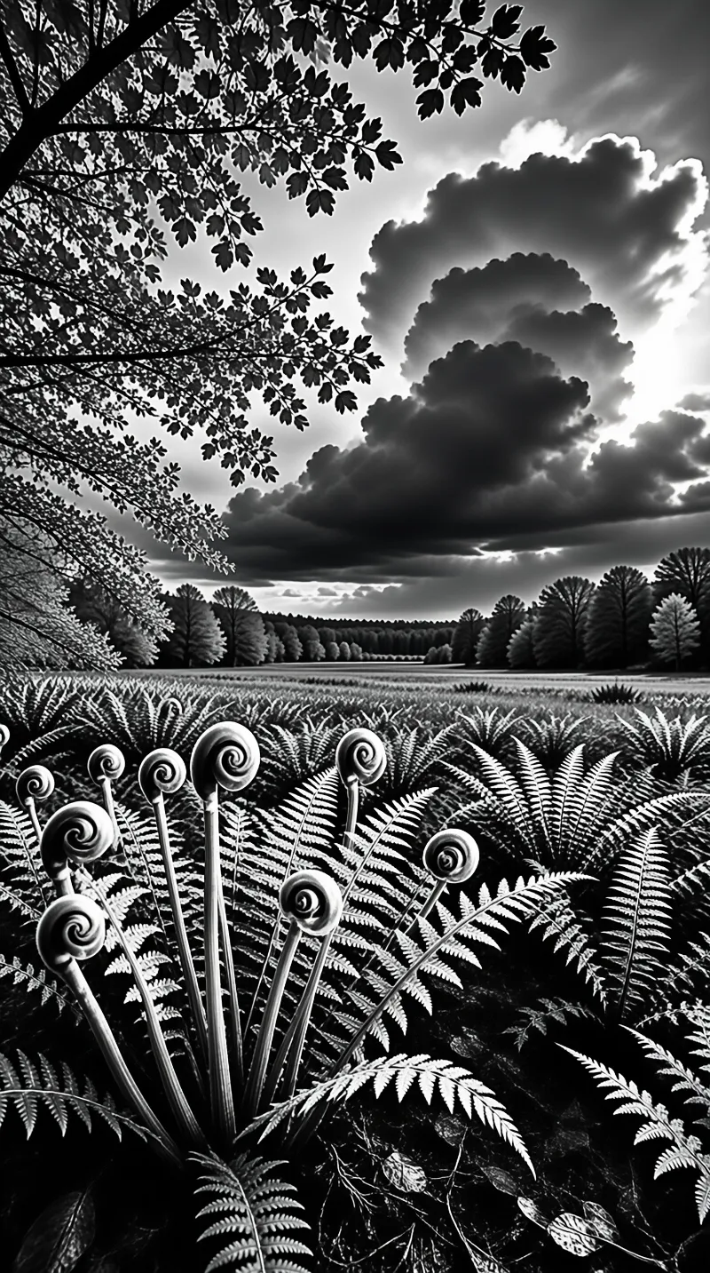 Spiraling fern fiddleheads dominate the foreground as bright light emerges behind dark clouds over a forest.