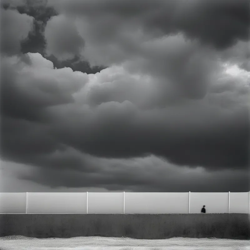 A tiny silhouette stands near a long white barrier while ominous dark clouds fill the sky.