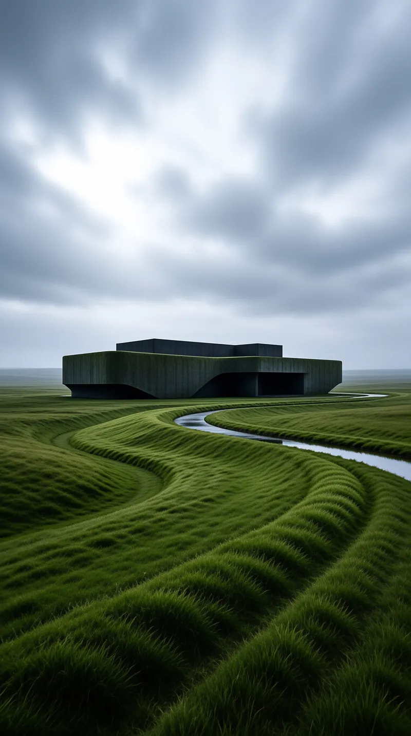 A dark rectangular building sits low in rolling grass while a narrow stream curves toward it under heavy cloud.
