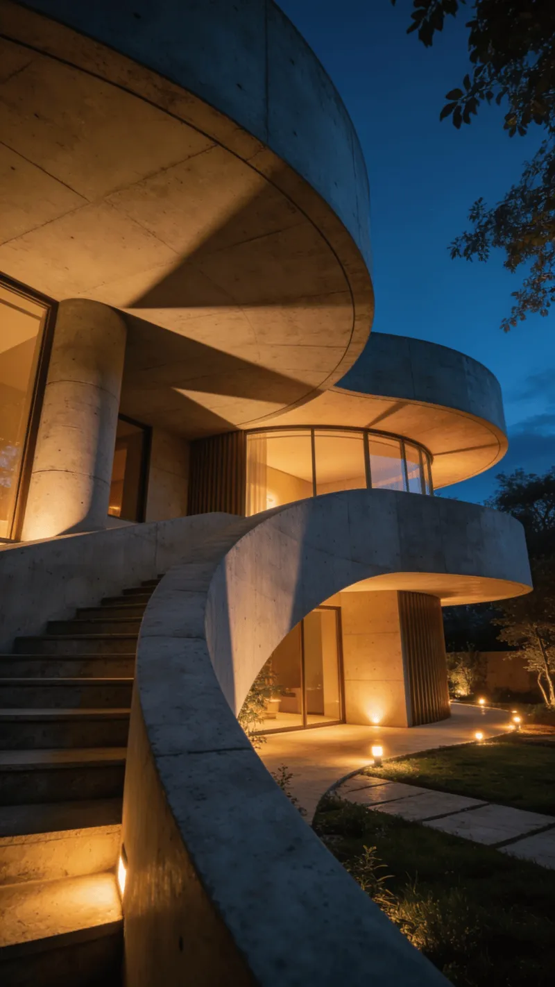 Villa with Curved Concrete — Night With Warm Lights