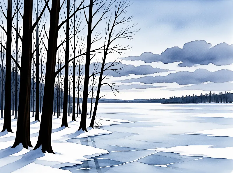 Leafless tall trees stand beside cracked ice under blue clouded sky.