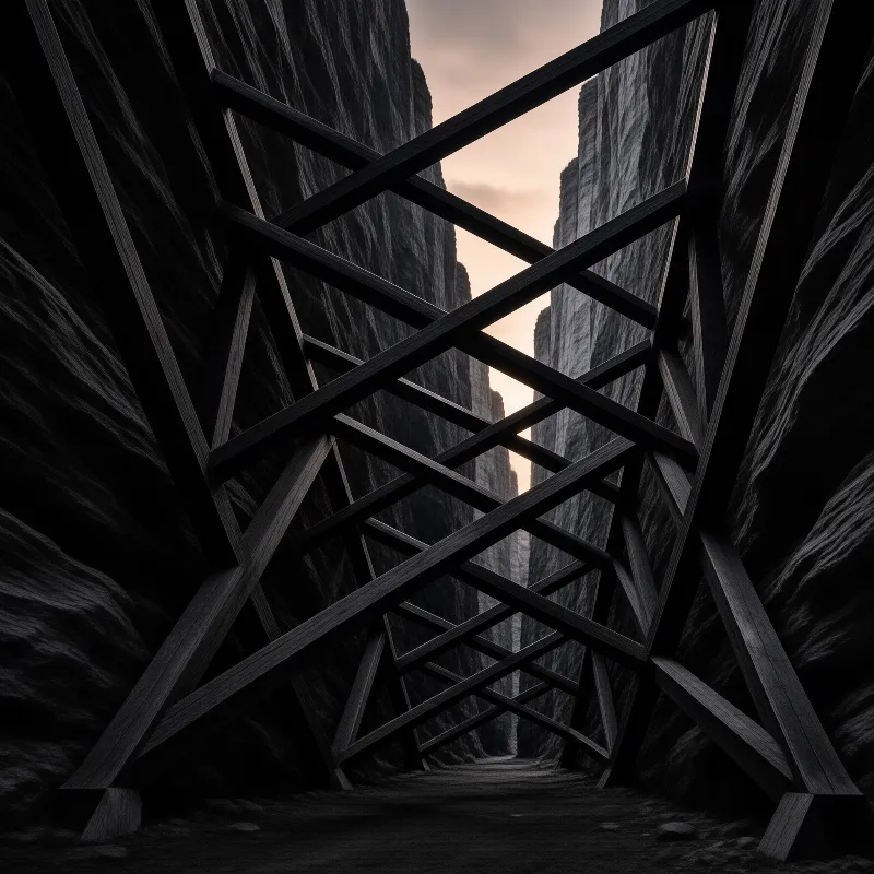 Crisscrossed dark wooden beams form a structural cage between towering rock walls under a pale dusk sky.