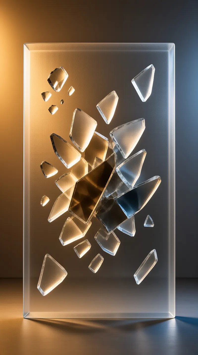 A rectangular transparent container holds suspended shards illuminated by warm orange and cool blue lighting.