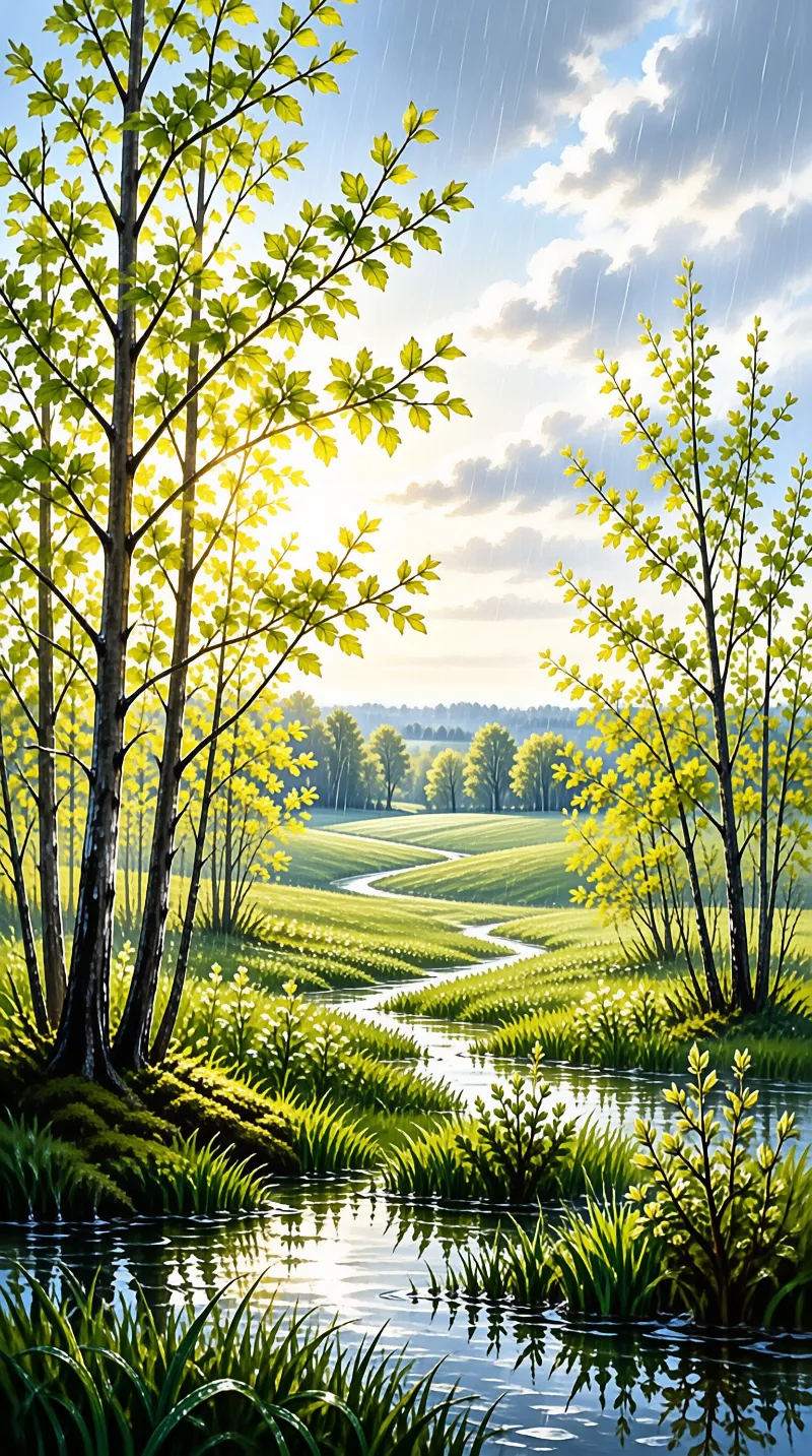 A river winds through green meadows, flanked by leafy trees under sunlit clouds with faint rain.