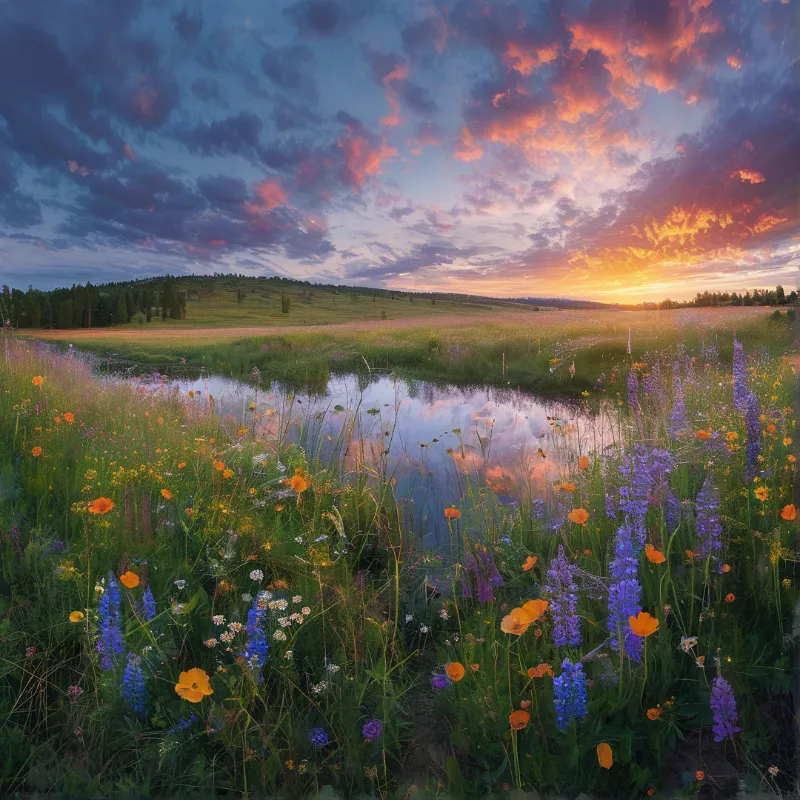 Lush meadow of orange poppies and purple lupines surrounds a pond mirroring the sunset sky above distant hills and forest.