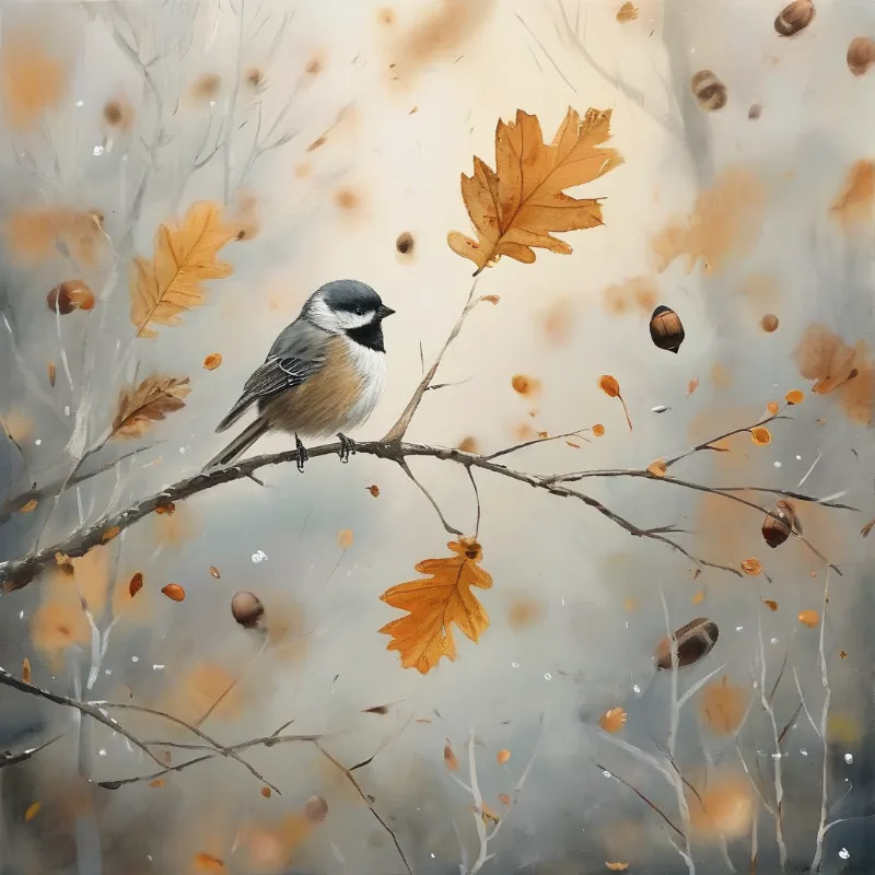 A chickadee perches on a twig as orange leaves and acorns drift through a foggy autumn scene.