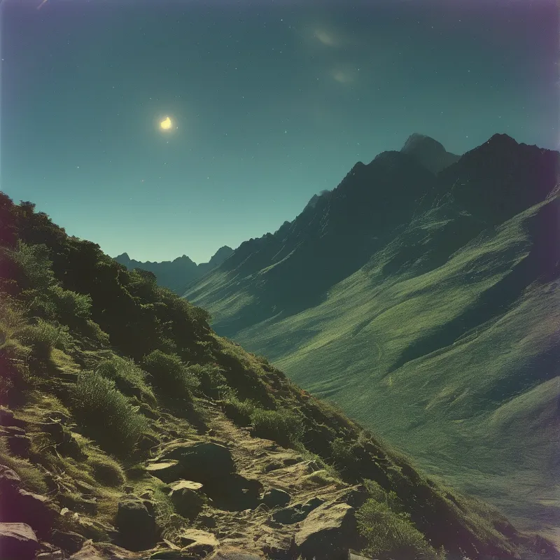 Steep rocky foreground slopes descend into a green mountain valley beneath a starry sky with a bright moon.