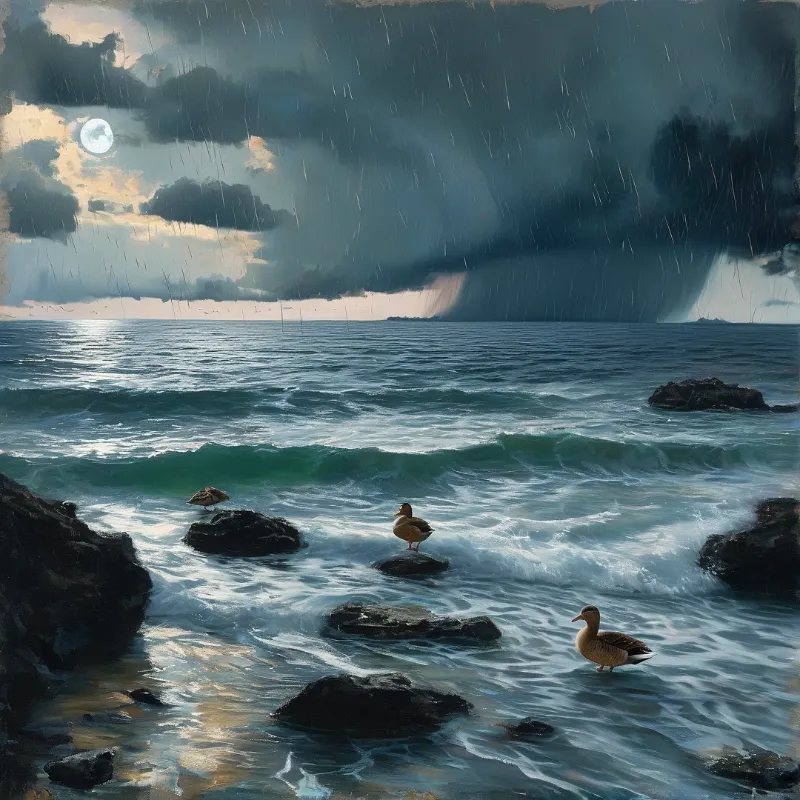 Three seagulls perch on dark shore rocks as waves roll in under rainstorm clouds with a full moon glowing above ocean horizon.