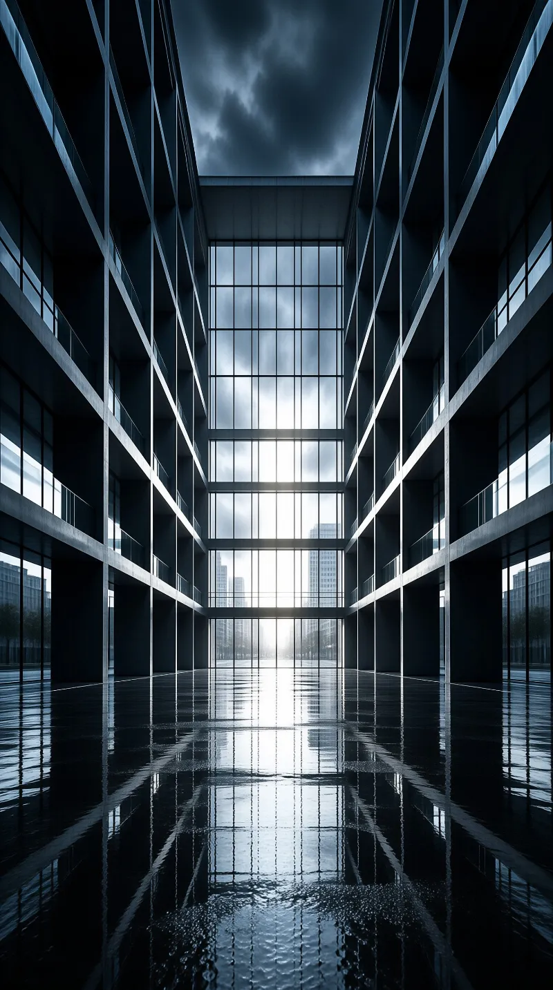 Twin office blocks open onto a water-covered hall that mirrors a glowing glass facade at dusk.
