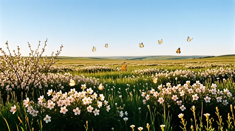 Orange butterflies float above a lush meadow of white blossoms beneath a wide blue summer sky.