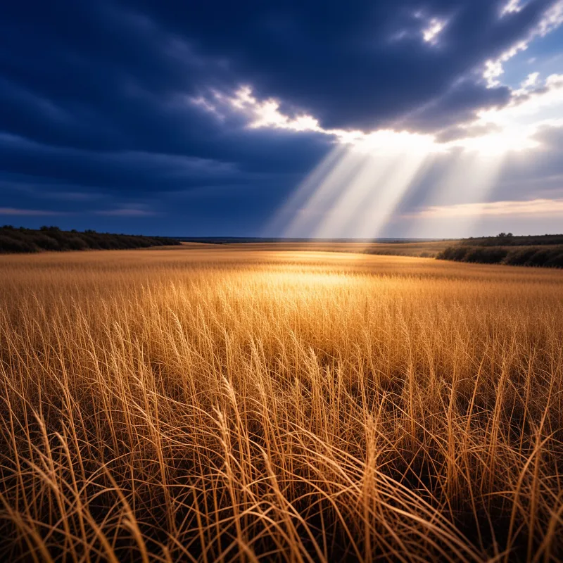 A vast field of golden wheat stretches toward the horizon where dark storm clouds part to reveal bright sunbeams shining down.