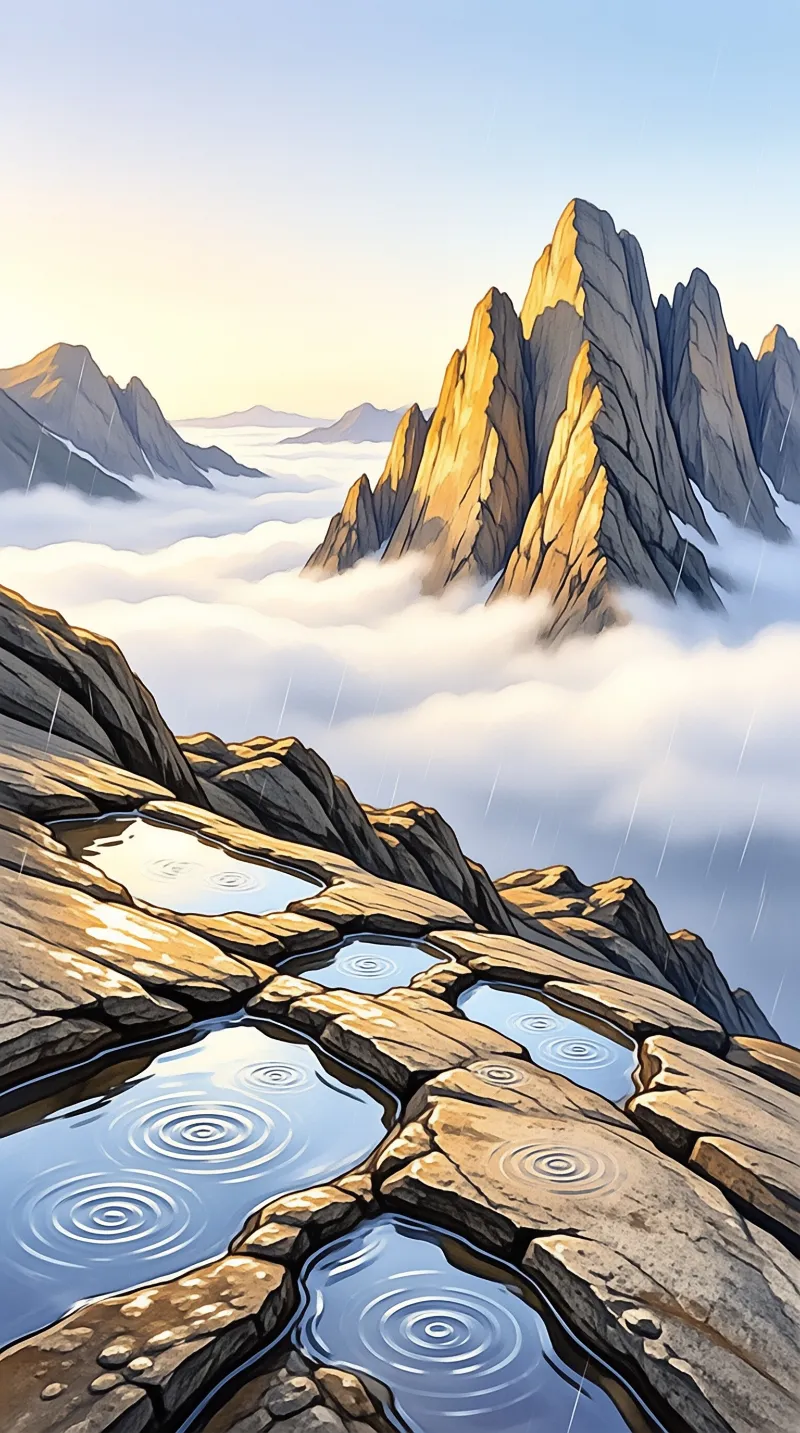 Rough stone formations hold rippling water pools beneath jagged mountain peaks illuminated by warm golden light.