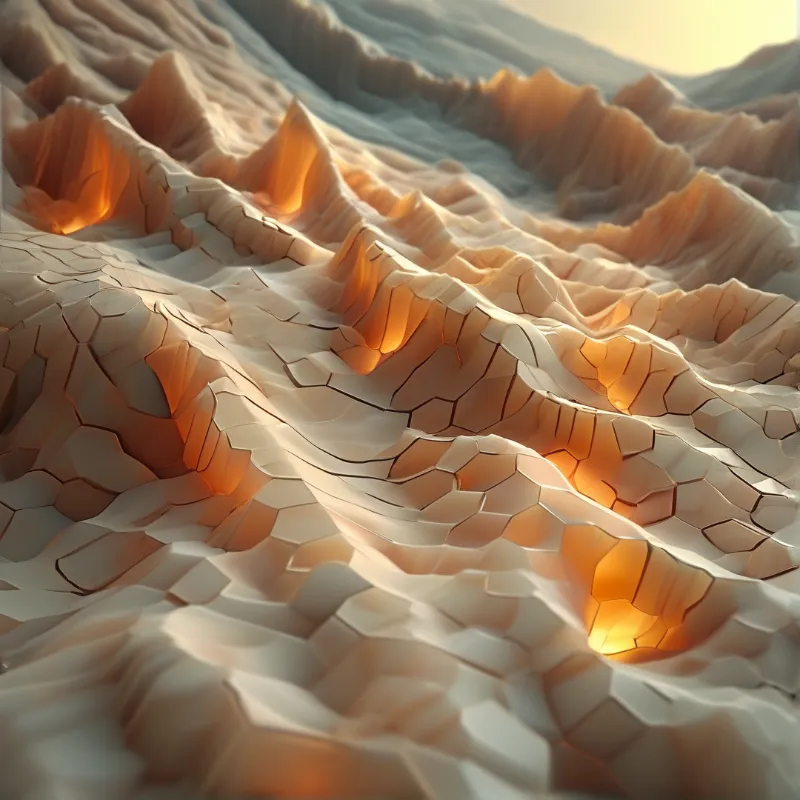 A surreal landscape of dried earth features hexagonal cracks emitting a bright orange glow under soft evening illumination.