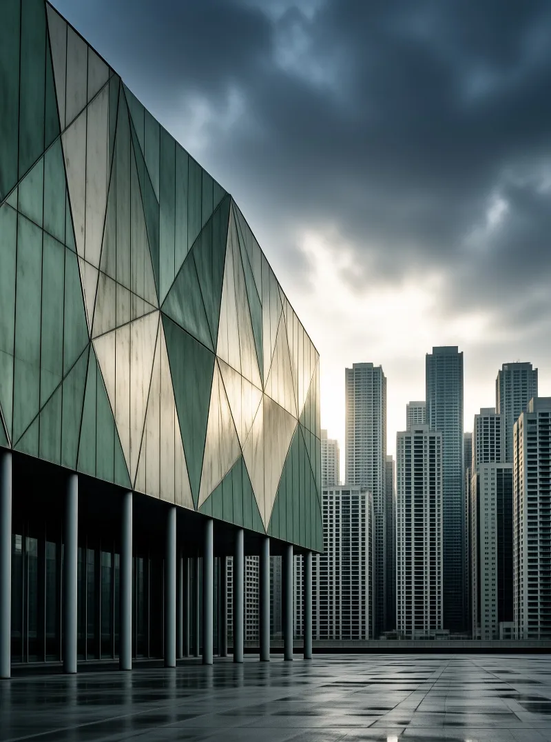 Green geometric facade over round pillars, wet reflective plaza, sun breaking through clouds above a dense skyline.