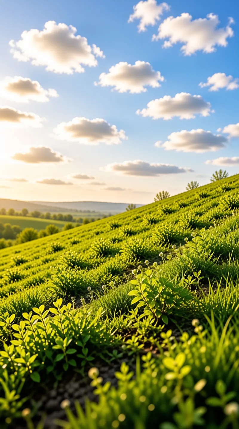 Rows of lush green tea bushes climb a sunny hillside beneath a bright blue sky filled with fluffy white clouds.