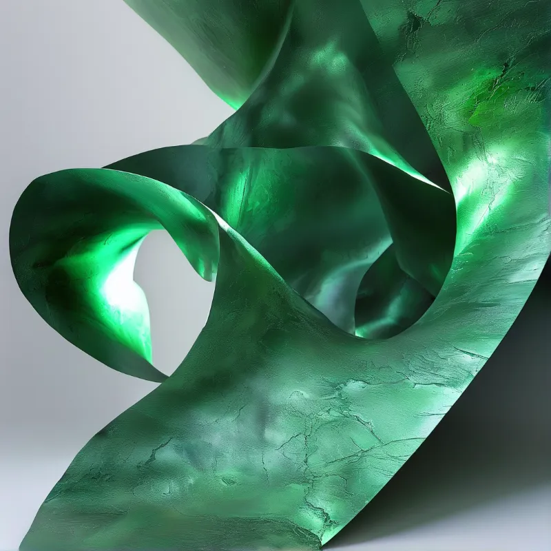 Sculpted green malachite-like form twists and folds against a neutral pale gray background, with bright highlights catching its ridges.