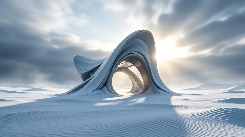 A white curved archway rises from rippled sand dunes with clouds and sun behind it