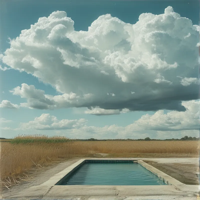Rectangular swimming pool isolated in golden grassland beneath massive cumulus cloud formation.