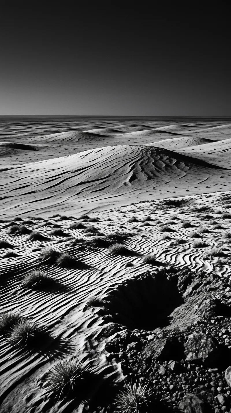 High-contrast monochrome dunes roll to a dark horizon with wind-carved ripples and sparse shrubs.