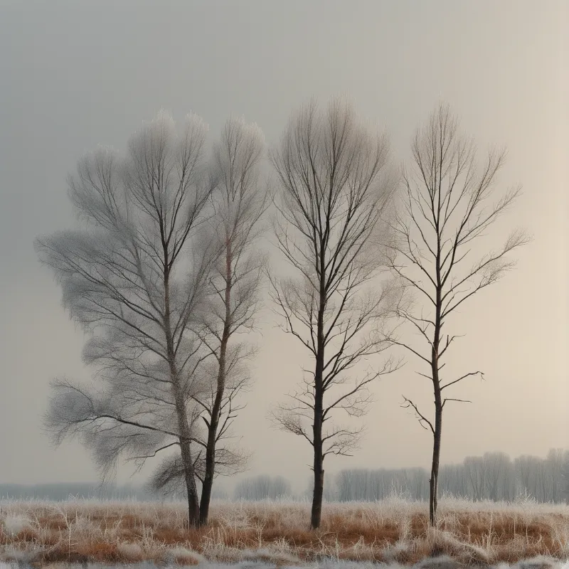 Three leafless trees stand in a frost covered field while pale winter fog fills the background