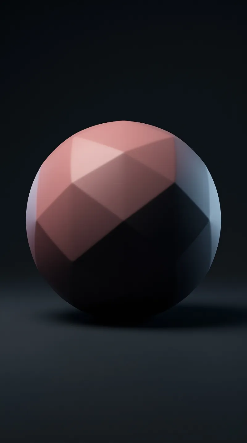 A low-poly ball of flat triangular faces glows pink on one side and falls into deep shadow on a black stage.