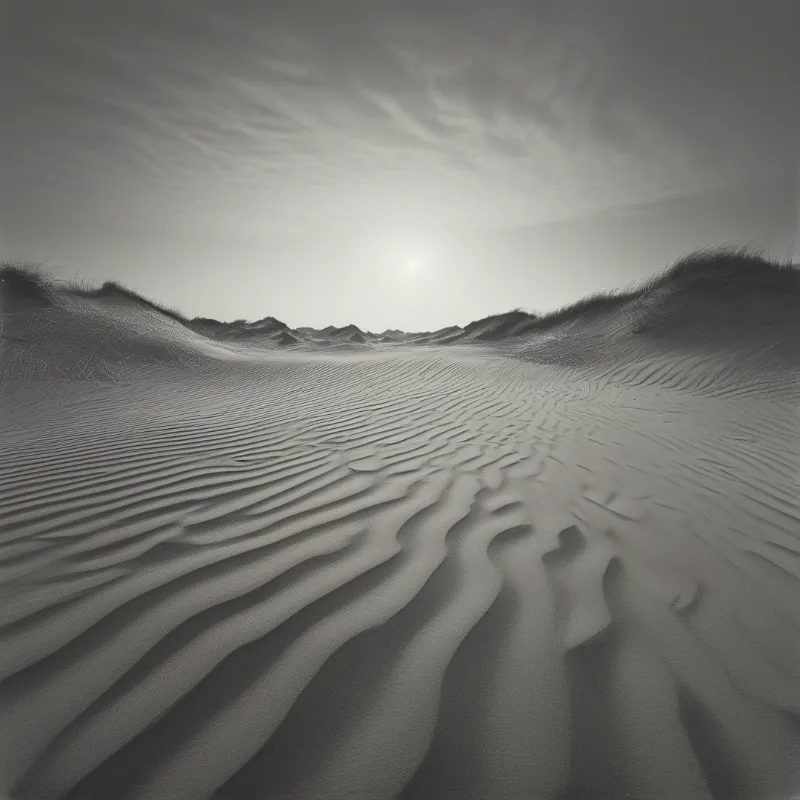 A black and white desert scene displays textured sand ripples leading toward distant dunes under a bright cloudy sky.