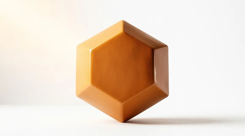 A smooth amber geometric shape resembling a honeycomb cell hovers against a plain background with shadows.