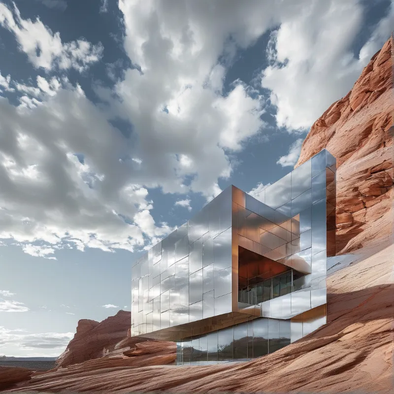 A mirrored pavilion reflects clouds and blue sky against sweeping red sandstone formations.