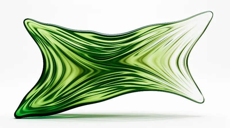 A smooth green abstract object with flowing stripes sits on a white background.