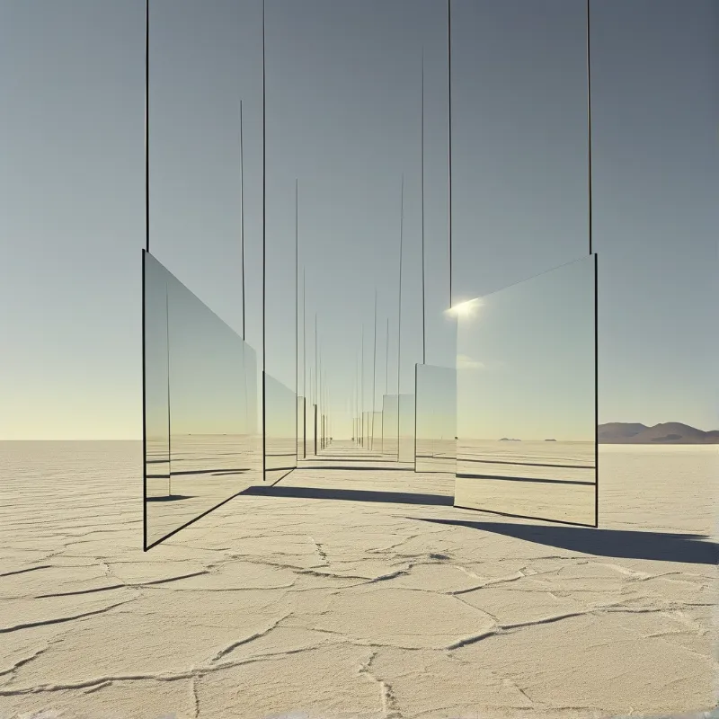 Tall transparent glass panels are spaced across a dry cracked salt flat under a pale clear sky with the low sun catching the rightmost panel