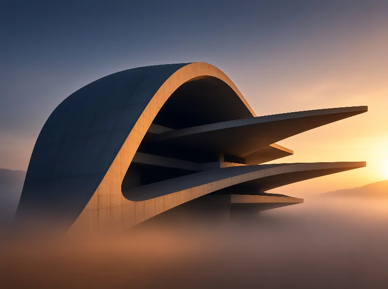 Futuristic architecture emerges from thick fog as warm sunlight highlights its layered wings against a gradient sky.