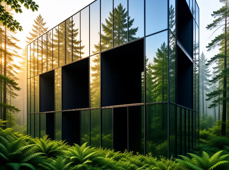 Mirror dark window panels reflect tall conifers and low ferns around a cubic building set in morning light