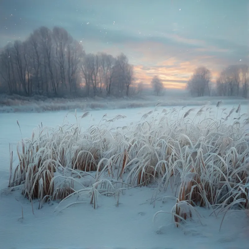Tall frozen grasses stand in a snowy field near a river with a misty tree line under a pale dawn sky.