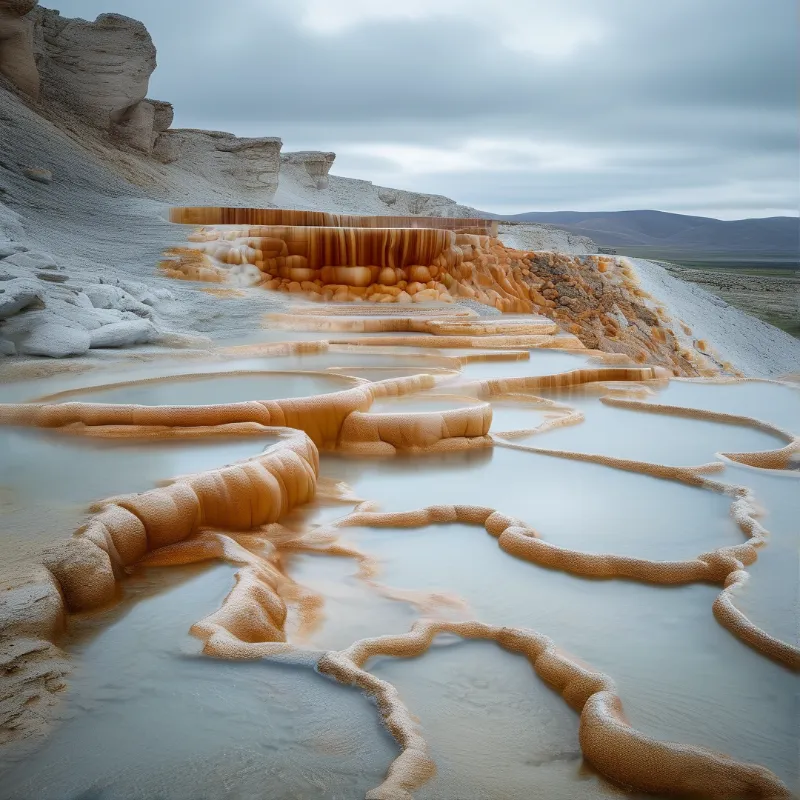 Layered mineral formations create winding pools of water across a rocky hillside under a grey sky.