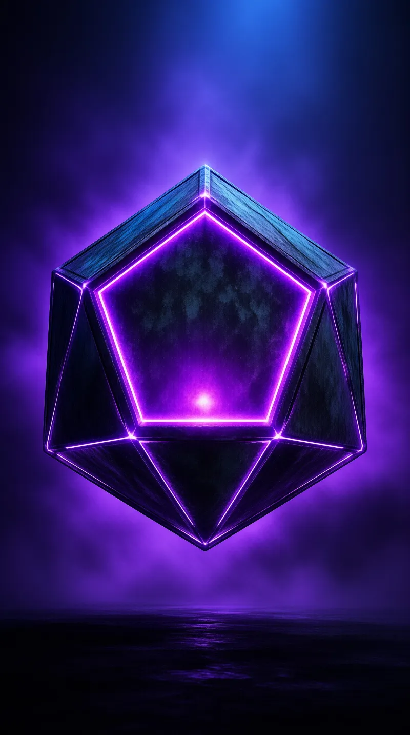 A dark faceted dodecahedron hovers above a wet surface, its edges outlined in glowing magenta light amid purple mist