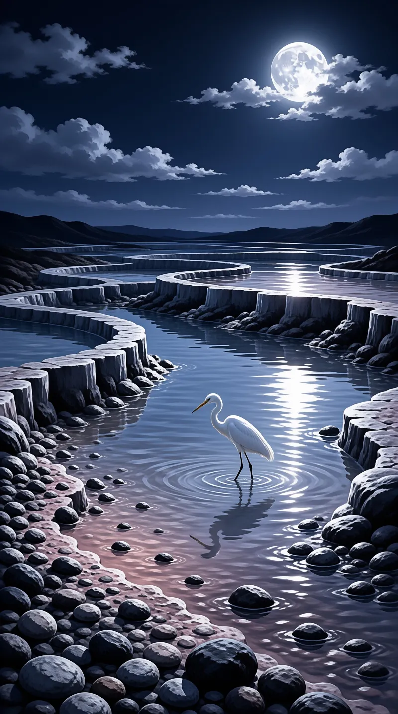 A lone heron stands in rippling water beneath a bright moon, ringed by stepped stone walls and dark boulders.