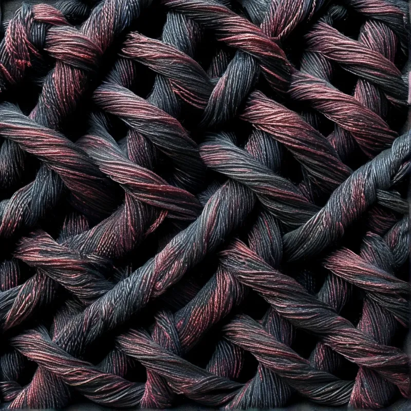 Close-up of twisted metallic fibers showing red and dark grey tones with a braided texture filling the entire frame.