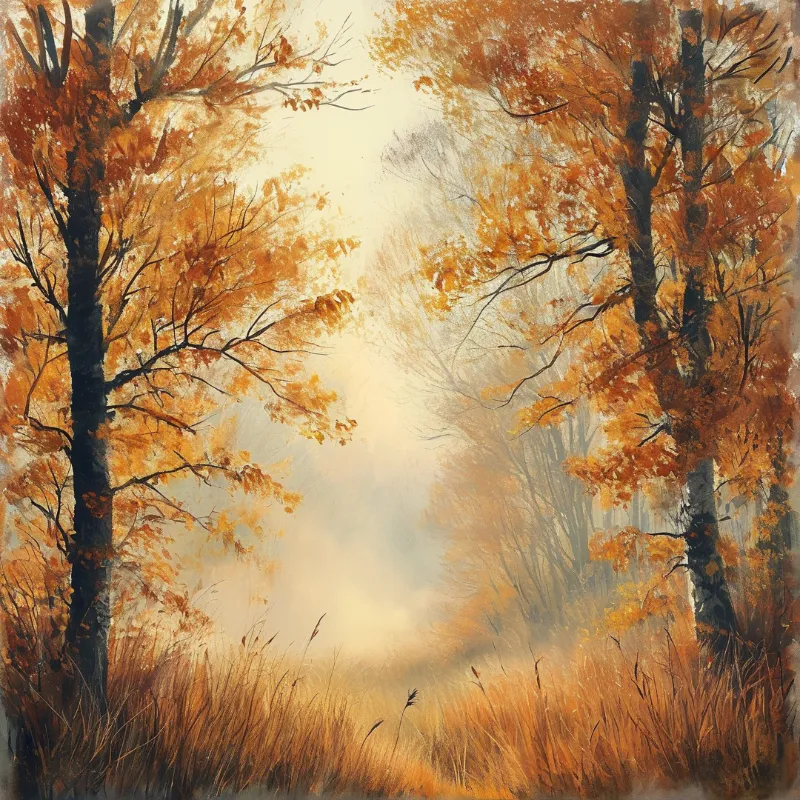 Large trees with orange leaves stand beside a foggy clearing covered in tall golden grass during autumn.