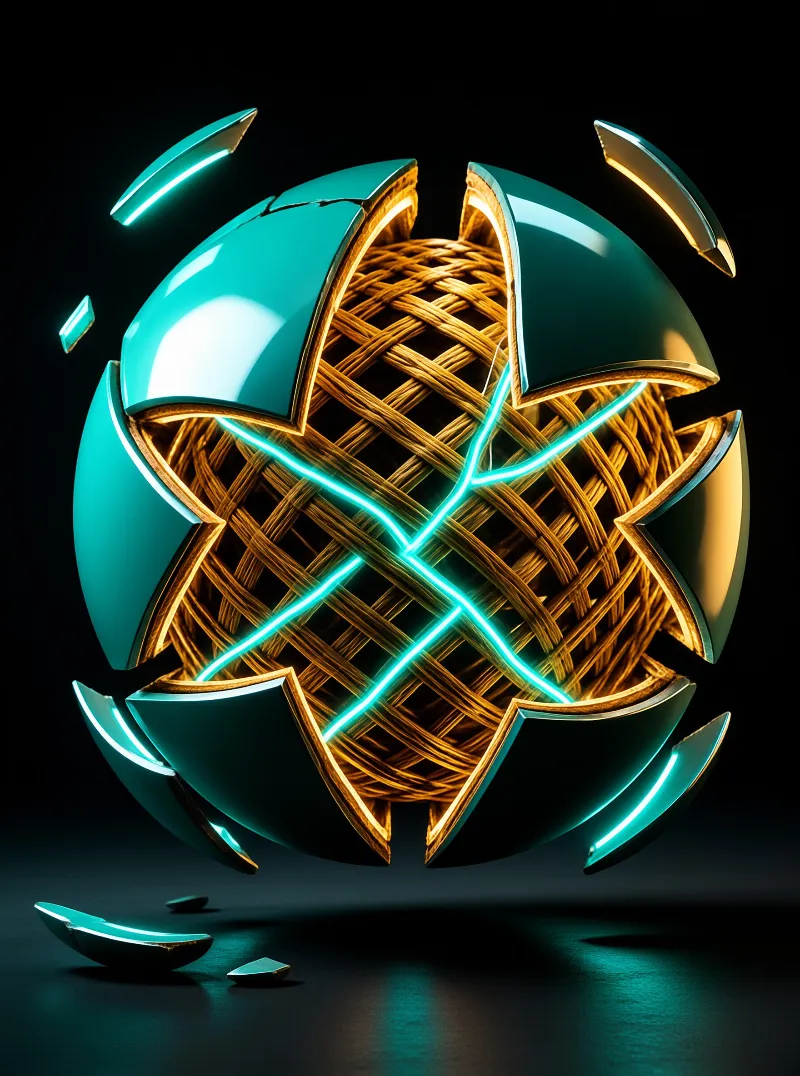 A shattered turquoise sphere breaks open revealing a glowing golden woven core with cyan lightning against a dark background.