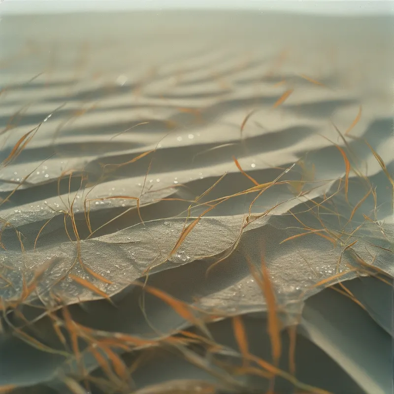 Macro shot of a textured material with dew droplets and thin brown hair strands.