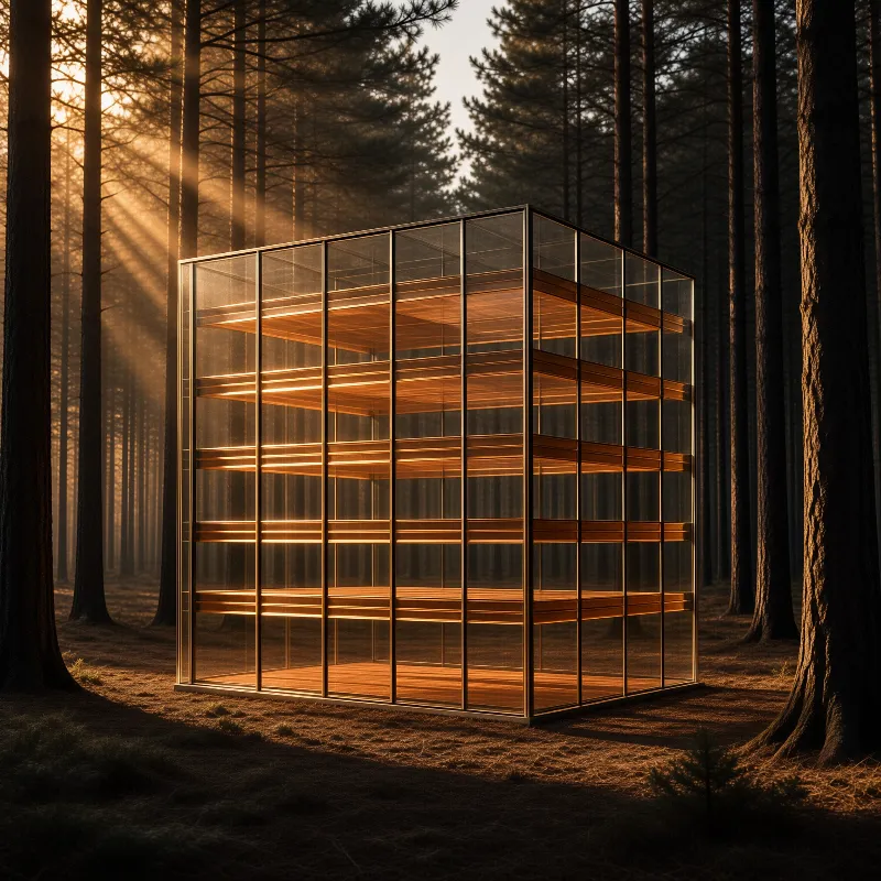 A transparent wooden shelf unit stands in a dense woodland while warm beams of light shine through the trees.