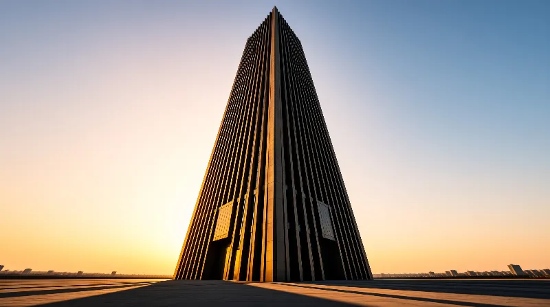 A massive tapering building stands on a flat plaza while golden light strikes one side of its dark facade under a blue sky.