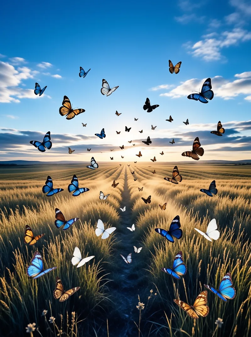 Blue and orange butterflies swarm upward over a golden wheat field with a central path leading toward the bright sun.