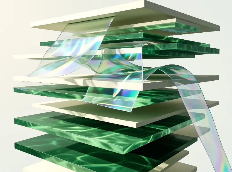 A shiny iridescent ribbon winds through a vertical stack of alternating green and white rectangular plates.