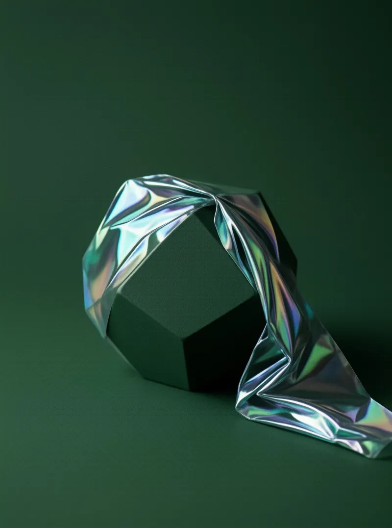 Crinkled holographic foil spills off a dark green faceted solid, catching pink and teal highlights.