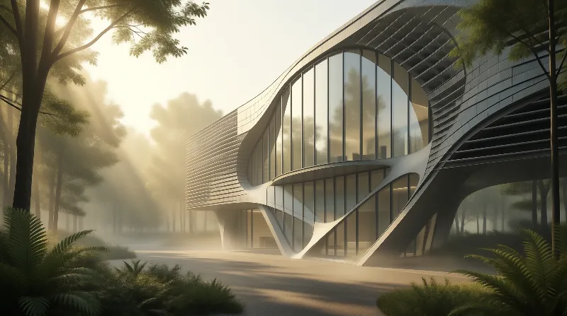 Modern Building in Forest Mist