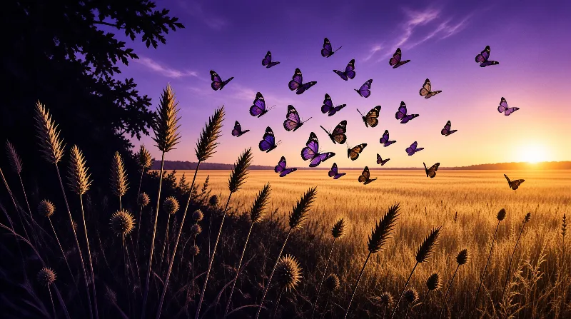 A flock of purple and orange butterflies hovers above a golden wheat field while the sun sets behind a purple sky.